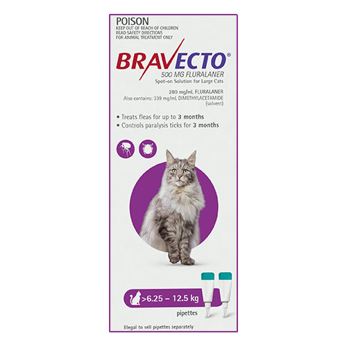 Bravecto Spot On For Large Cats (6.25 Kg 12.5 Kg) Purple 2 Pipettes