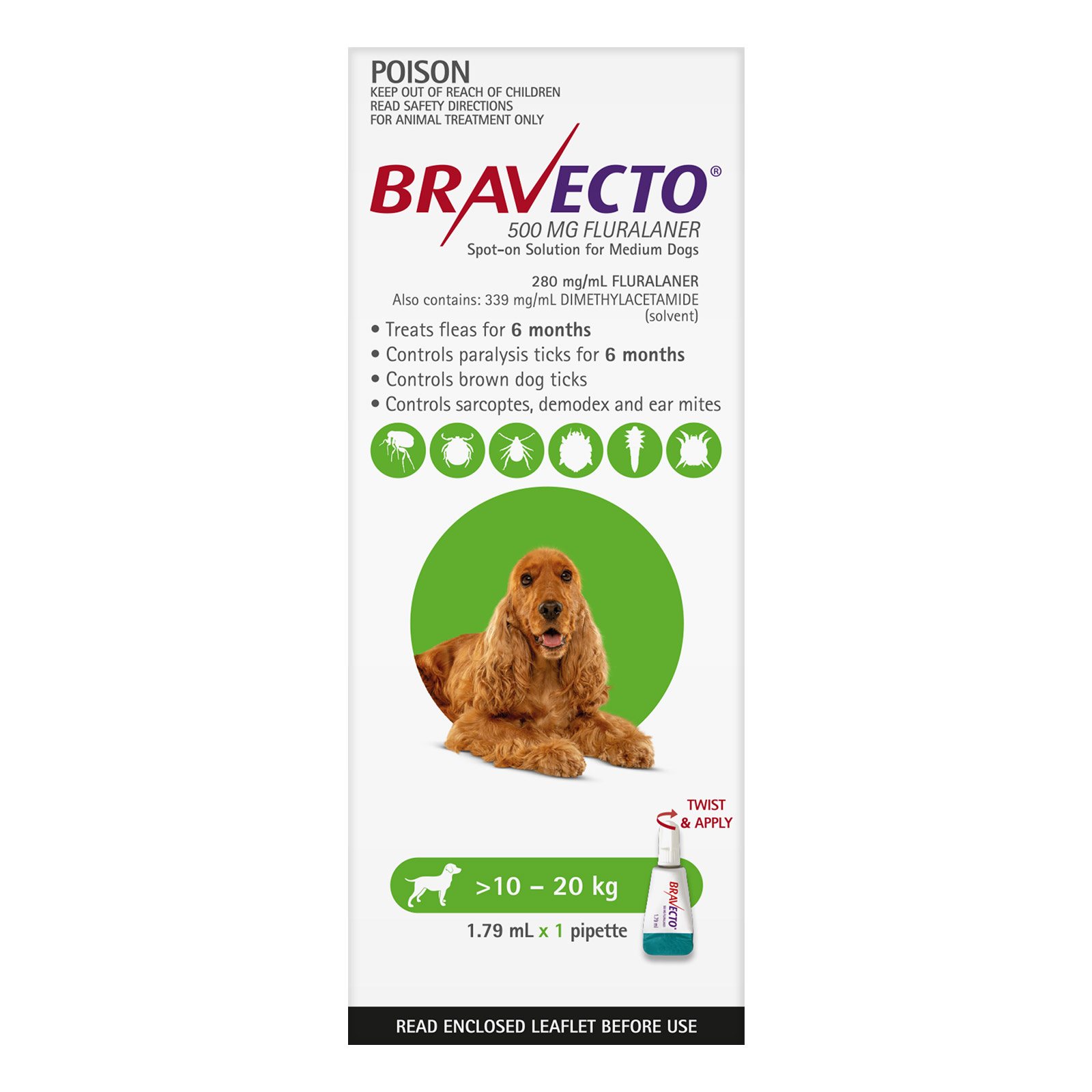 Buy Bravecto Spot On For Medium Dogs Green (10 - 20 Kg) - Free Shipping