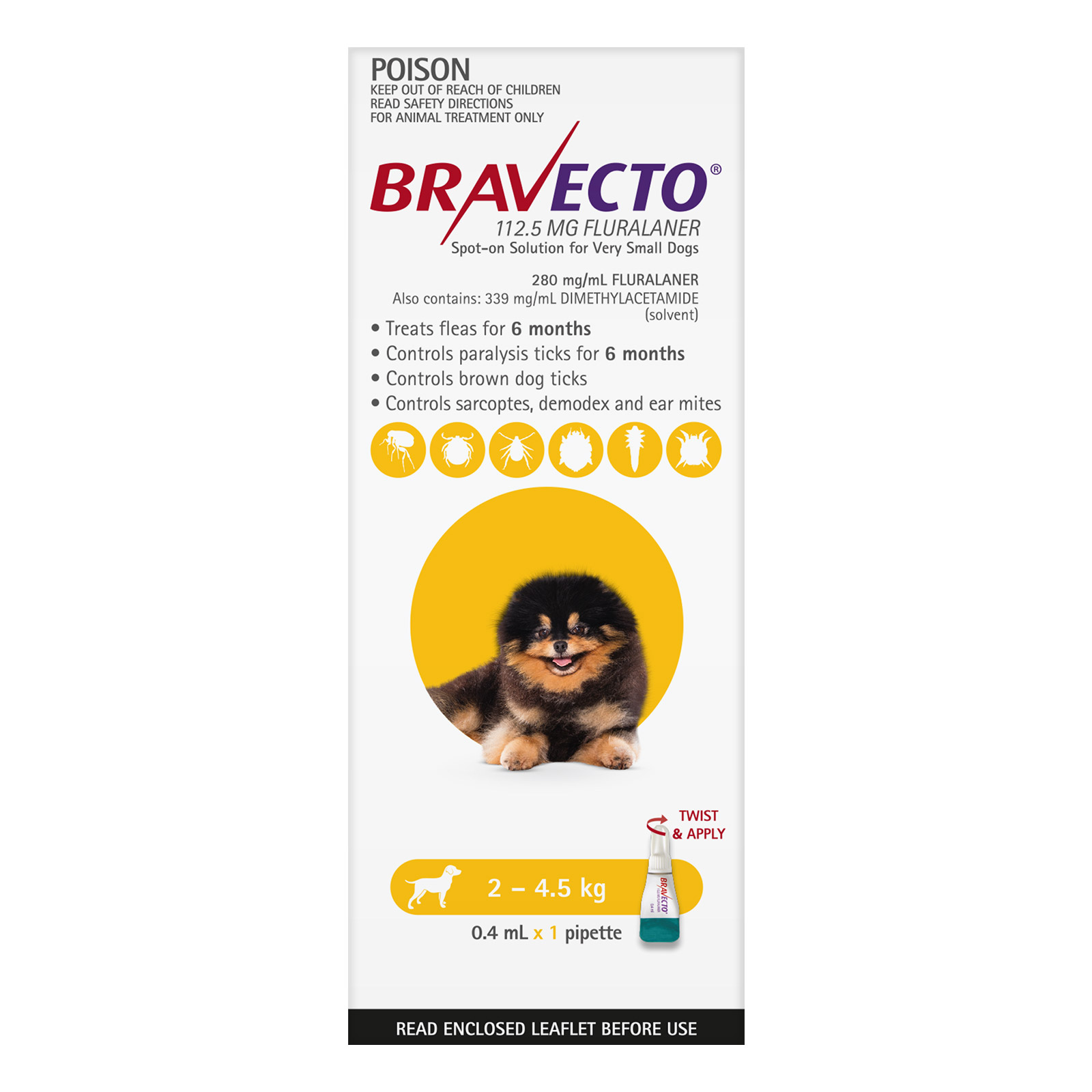 Buy Bravecto Spot On For X-Small Dogs Yellow (2 - 4.5 Kg) - Free Shipping