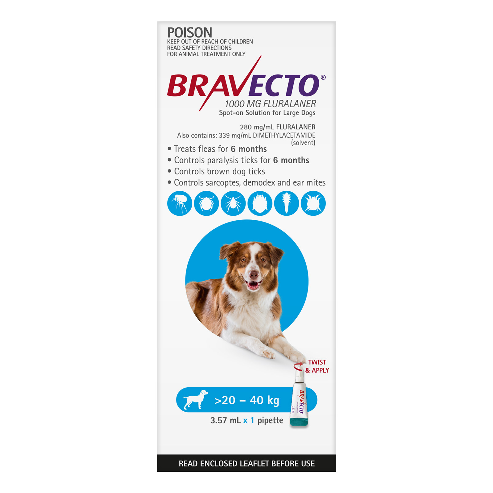 Buy Bravecto Spot On For Large Dogs Aqua (20 - 40 Kg) - Free Shipping