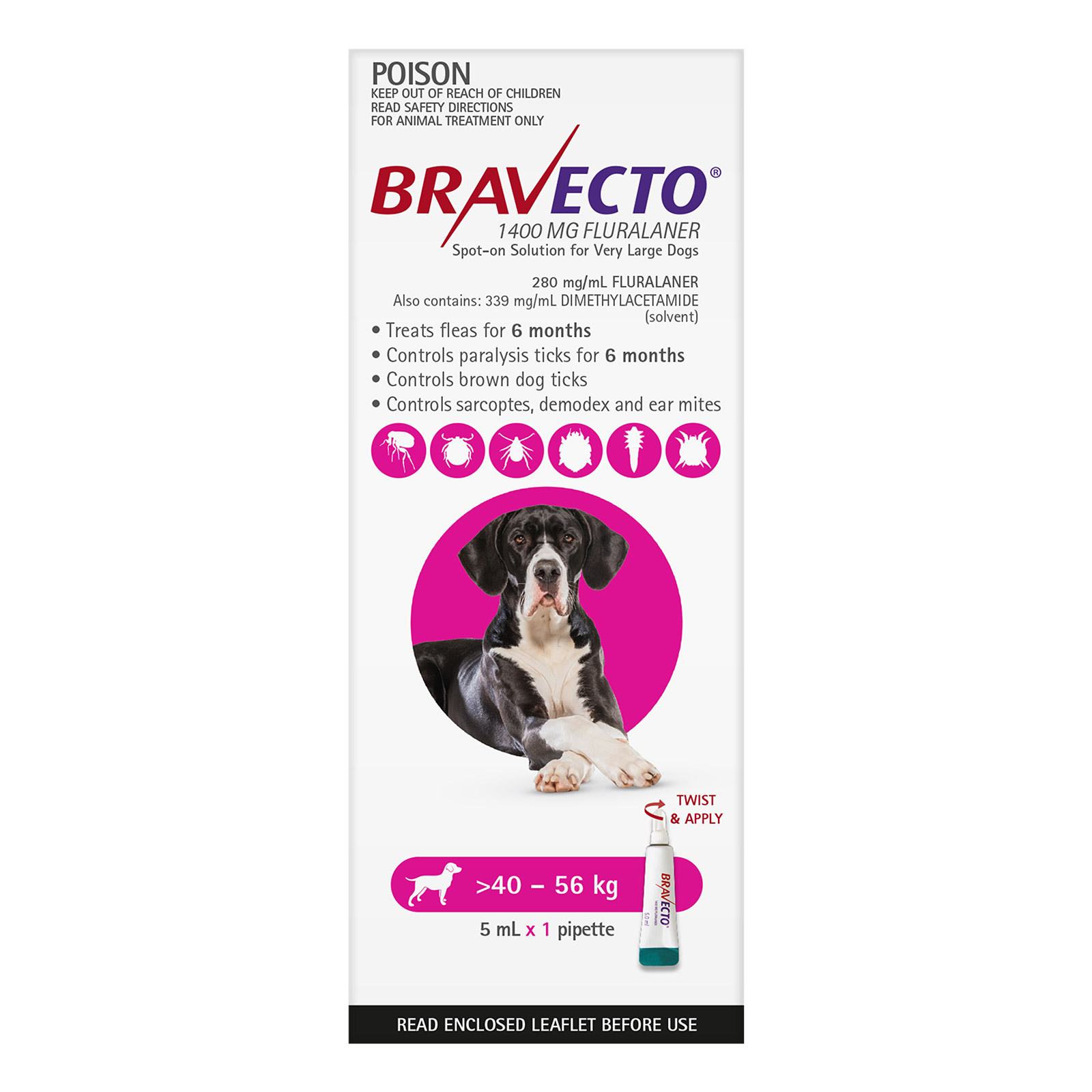Buy Bravecto Spot On For X-Large Dogs Pink (40 - 56 Kg) - Free Shipping