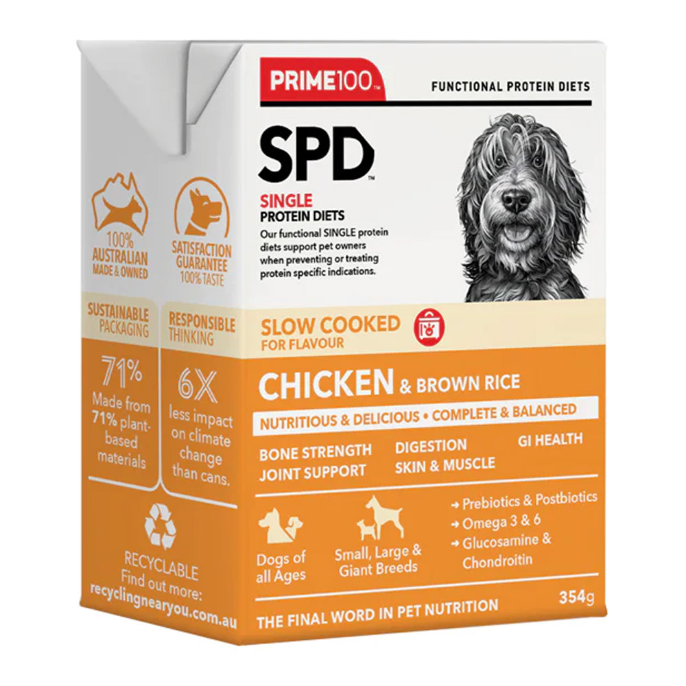 Prime100 SPD Single Protein Diets Slow Cooked Chicken & Brown Rice Wet Food 354gm