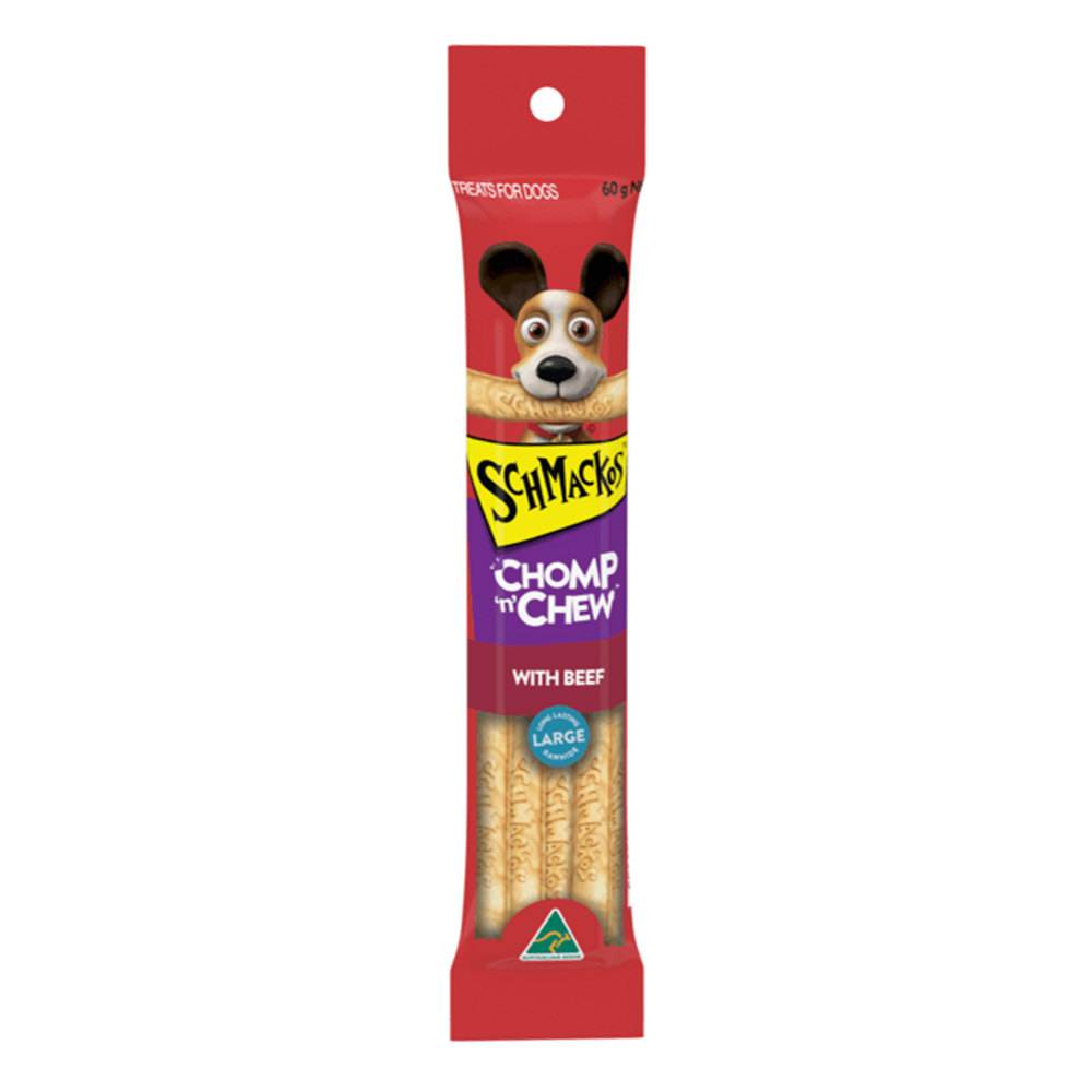 Schmackos Chomp N Chew with Beef Low Lasting Large Rawhide Dog Treats for Dogs
